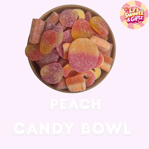 Peach candy bowl with colorful gummy candies on a light pink background, featuring the brand 'LJ's Sweetz & Giftz'.