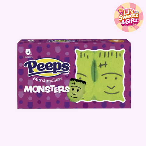 Box of Peeps Marshmallow Monsters on a purple background with 'LJ's Sweet & Giftz' logo.