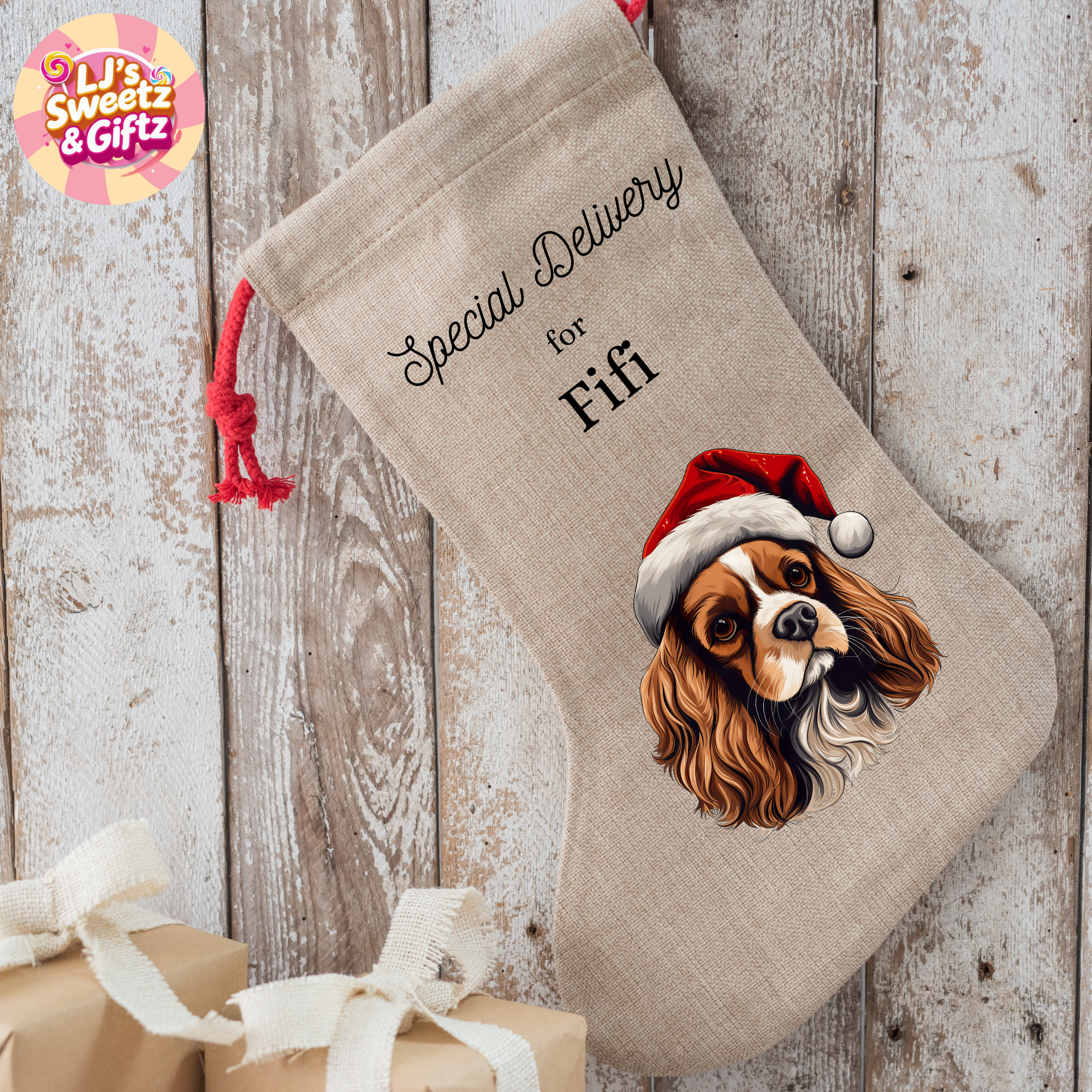 Personalized Christmas stocking with a dog illustration and text on a wooden background