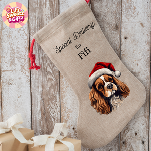 Personalized Christmas stocking with a dog illustration and text on a wooden background