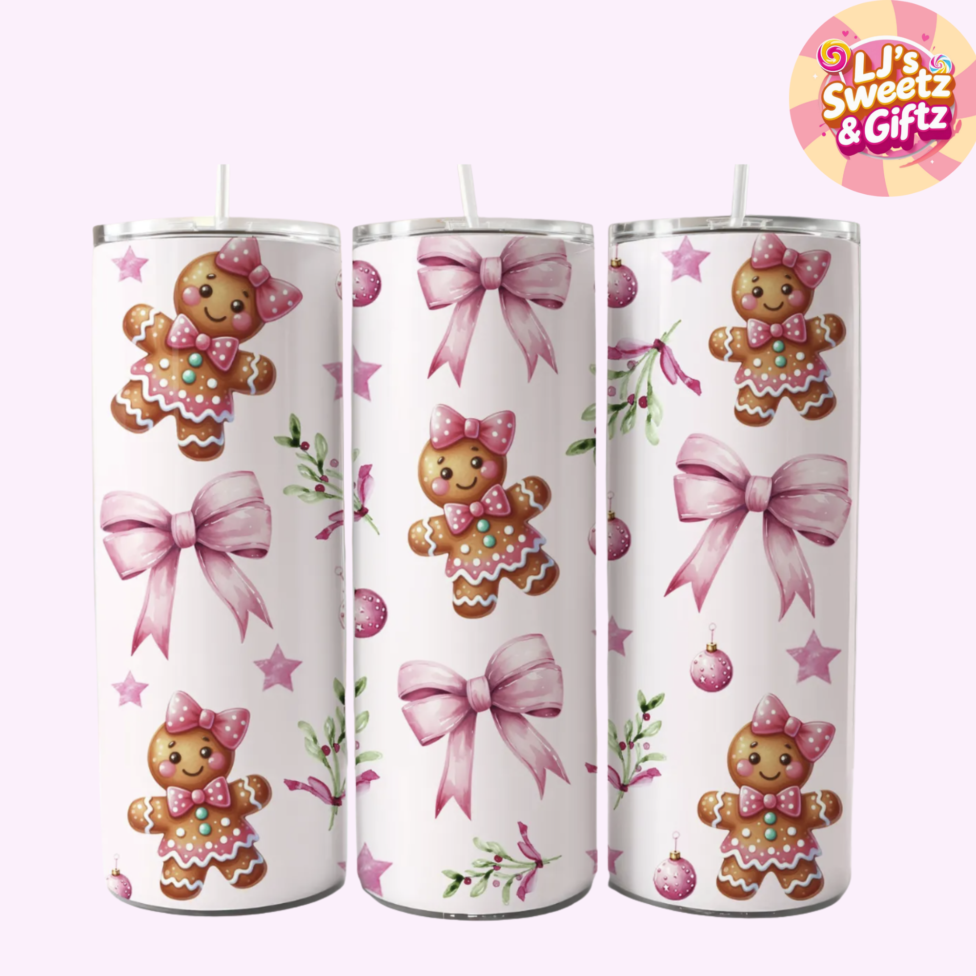 Three candles with gingerbread man and bow designs on a white background, featuring the brand 'LJ's Sweetz & Giftz'.