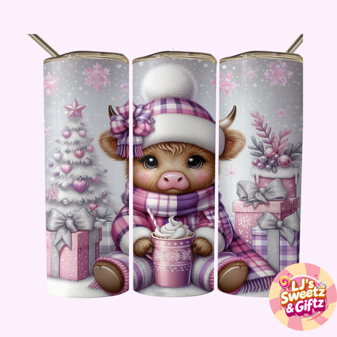 Tumbler with a cow character wearing a hat and scarf, surrounded by Christmas elements.