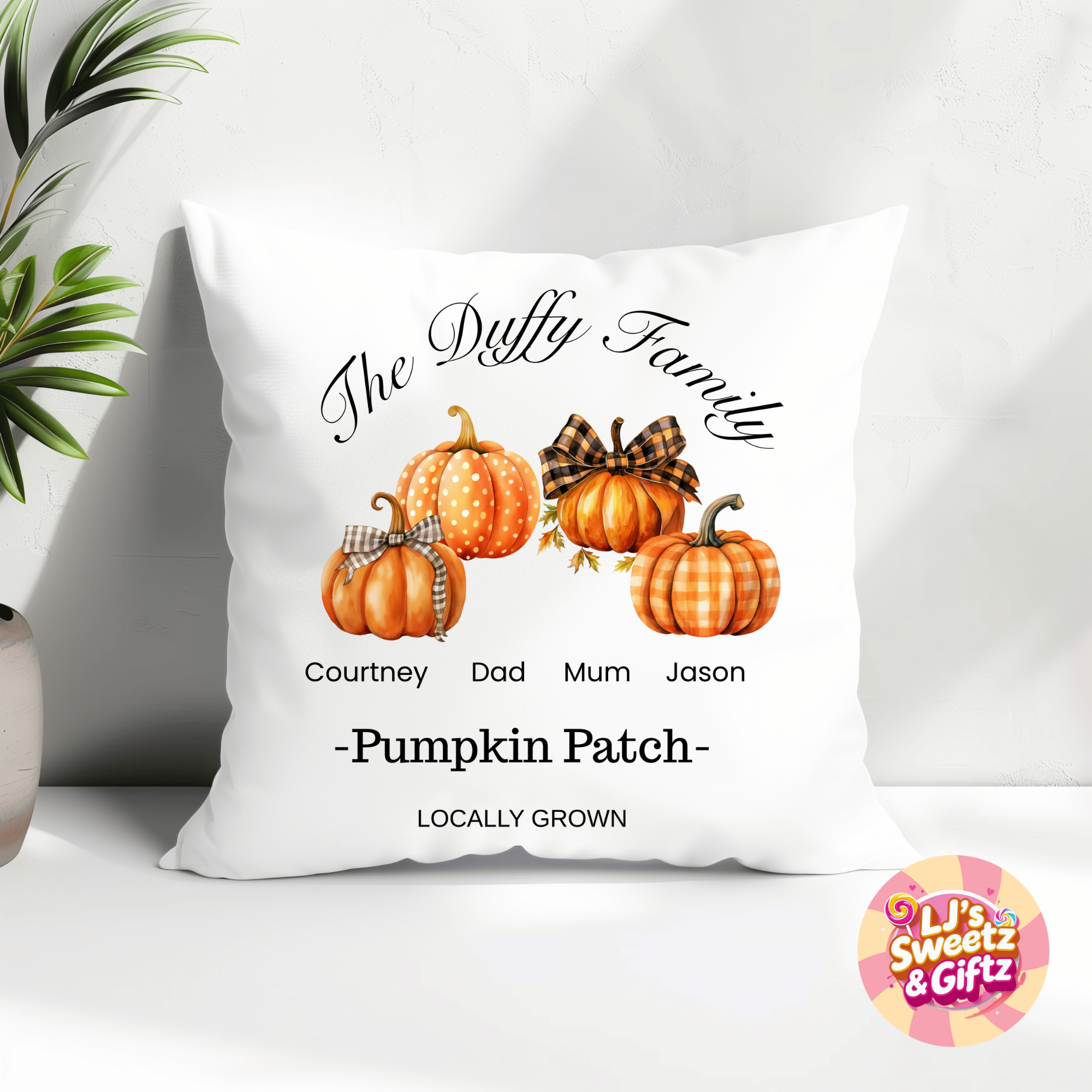 Pumpkin Cushion Personalised Family LJs Sweetz Giftz Logo