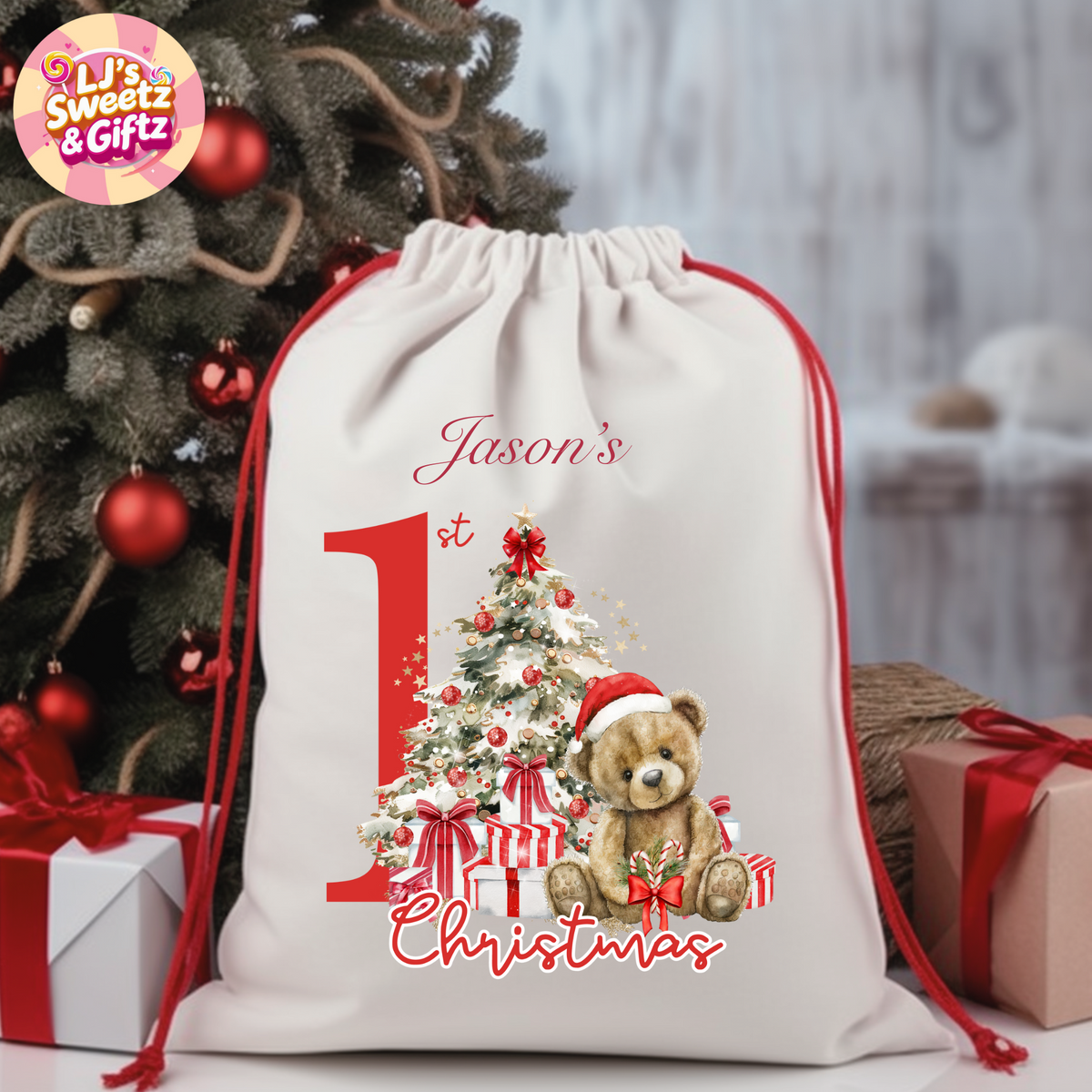Personalized Christmas drawstring bag with teddy bear and tree design, placed in front of a decorated Christmas tree.