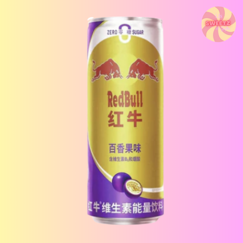 Red Bull energy drink can on a colorful gradient background