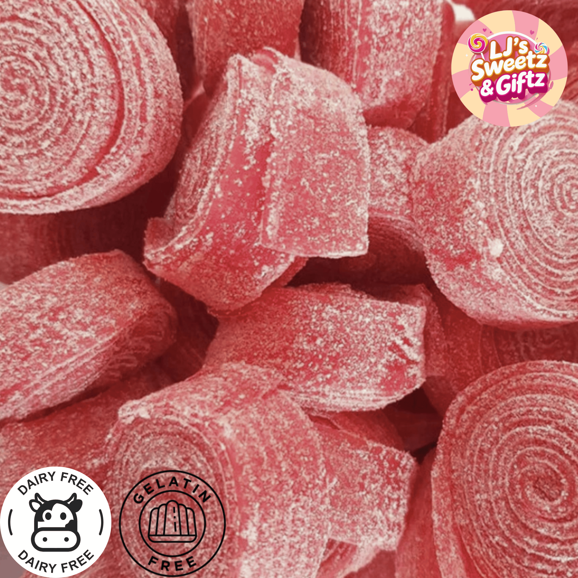 Close-up of pink gummy candies with 'LJ's Sweetz & Giftz' branding.