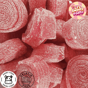 Close-up of pink gummy candies with 'LJ's Sweetz & Giftz' branding.