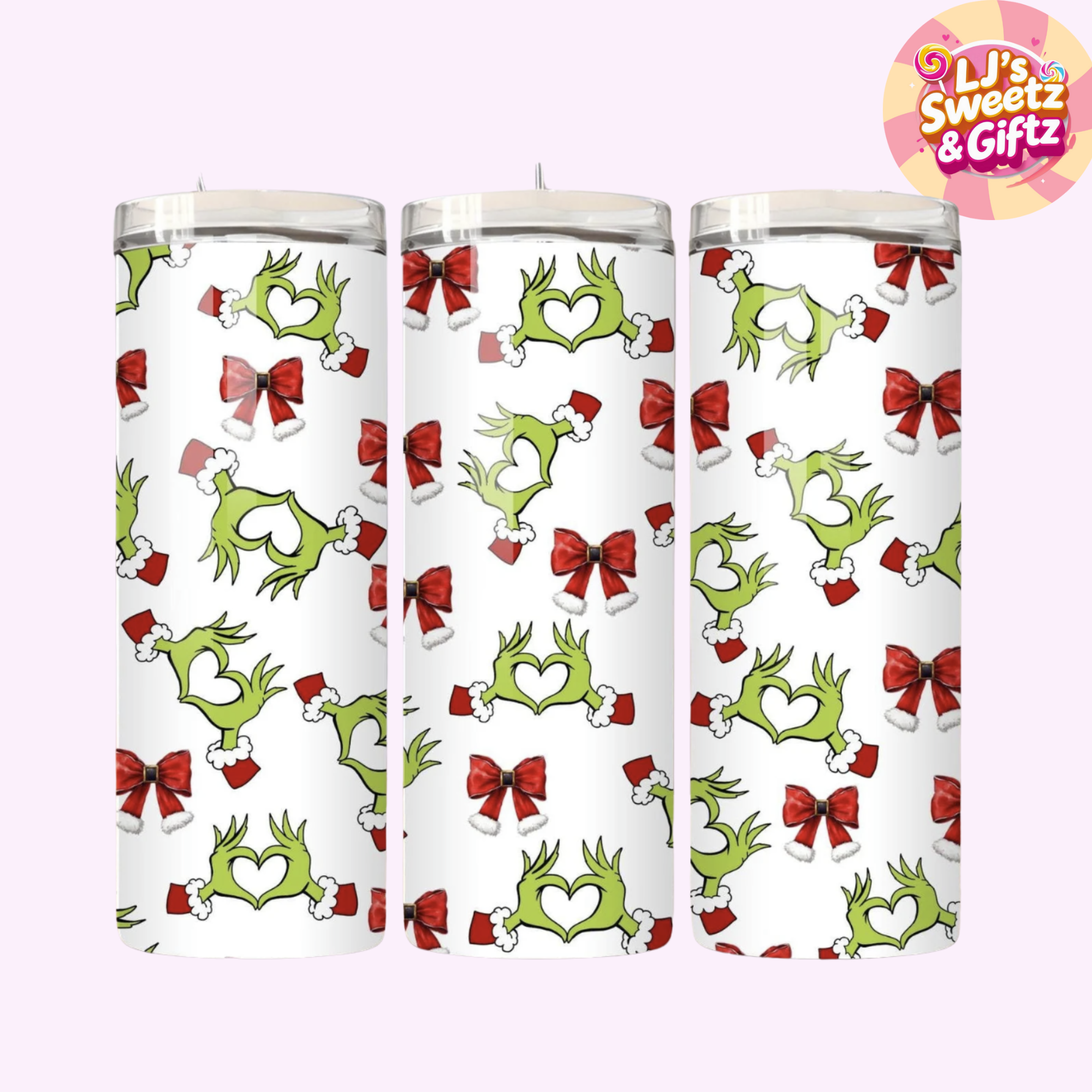 Three candles with Grinch pattern on a white background, branded 'LJ's Sweetz & Giftz'.