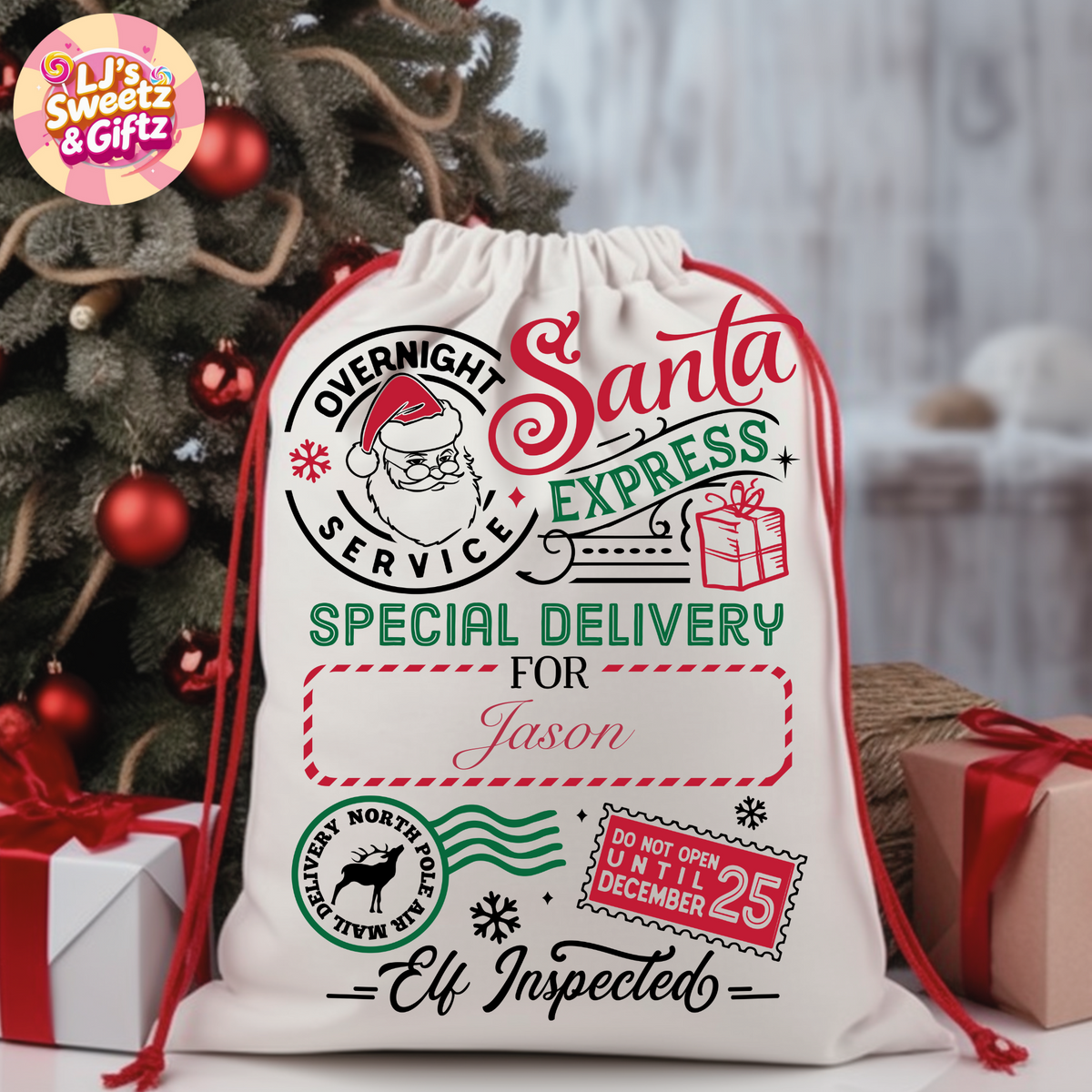 Christmas sack with Ljs sweetz giftz Logo