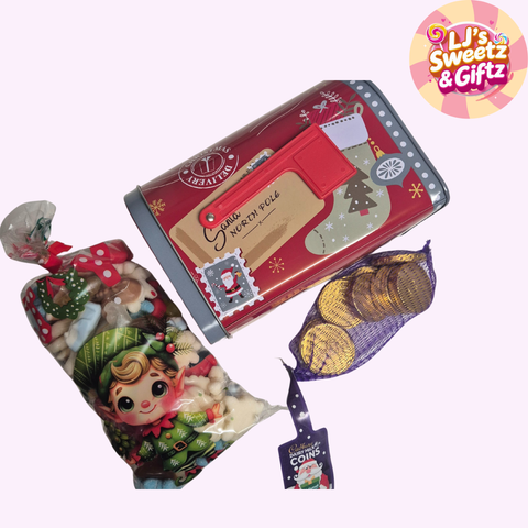 Red tin box with Christmas-themed items including a bag of coins and a figurine, branded 'Li's Sweetz & Giftz'.
