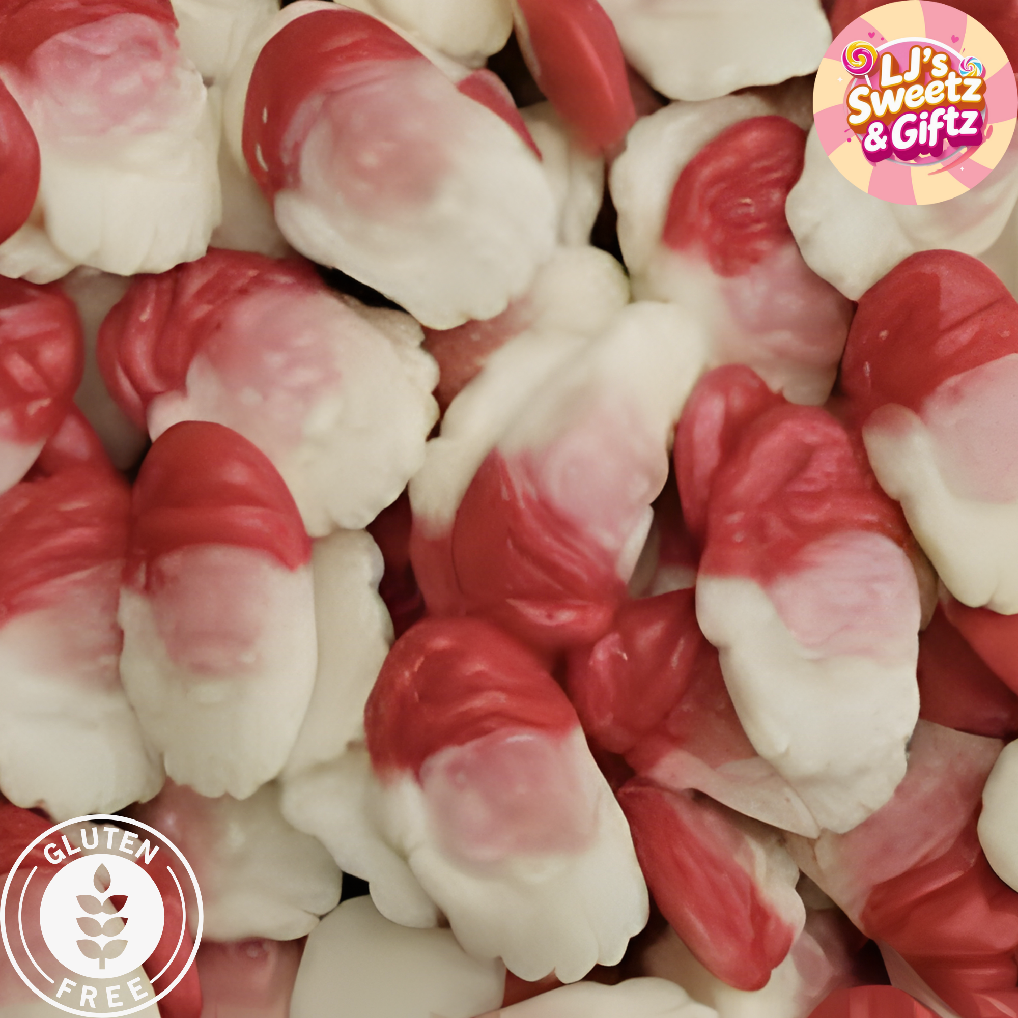 Red and white candy pieces with a brand logo and gluten-free label in the corner.