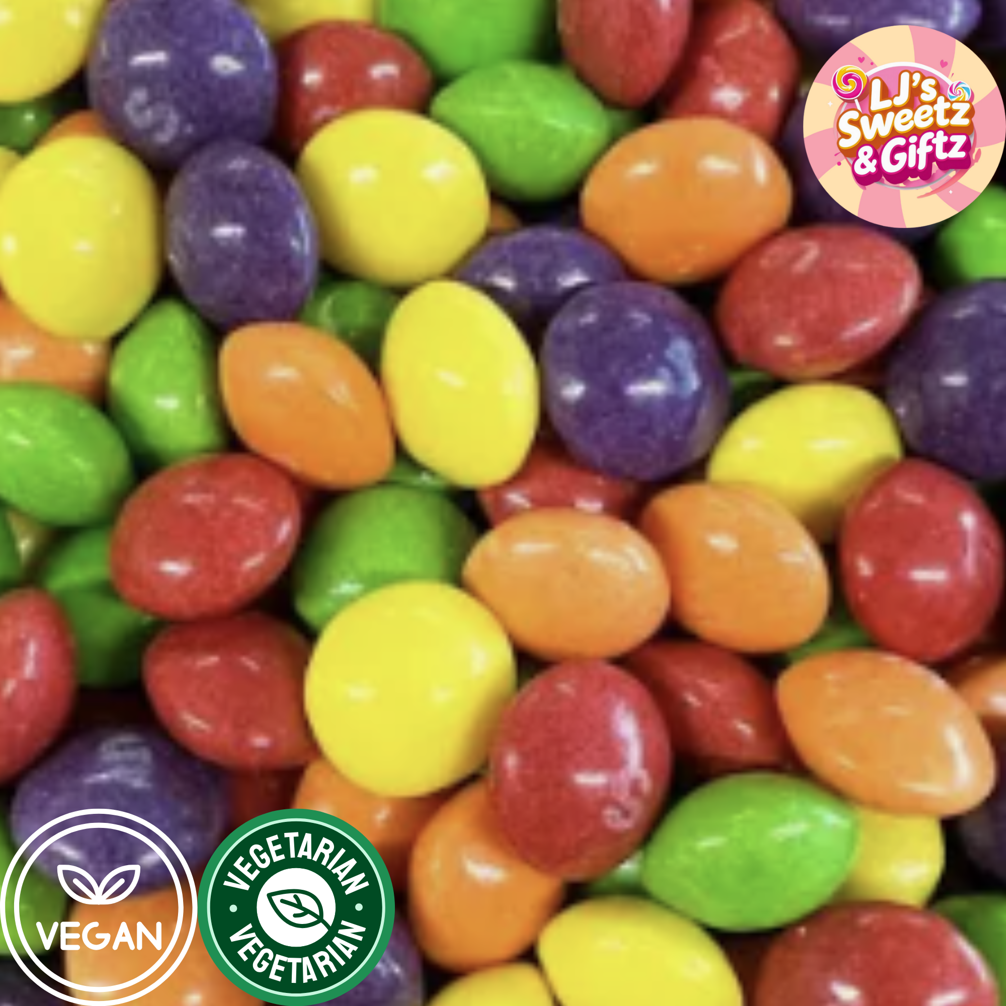 Colorful candies with 'LJ's Sweetz & Giftz' logo and vegan and vegetarian labels.