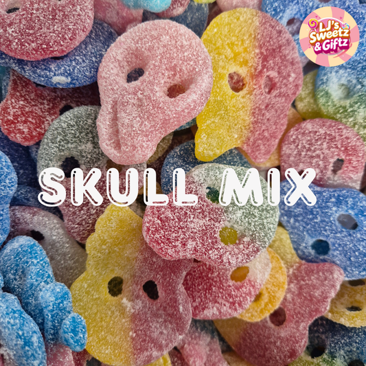 Colorful skull-shaped gummy candies with 'LJ's Sweetz & Gifts' logo.