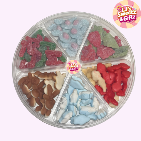 Round transparent container with compartments filled with colorful candy pieces, branded 'LJ's Sweetz & Giftz'.
