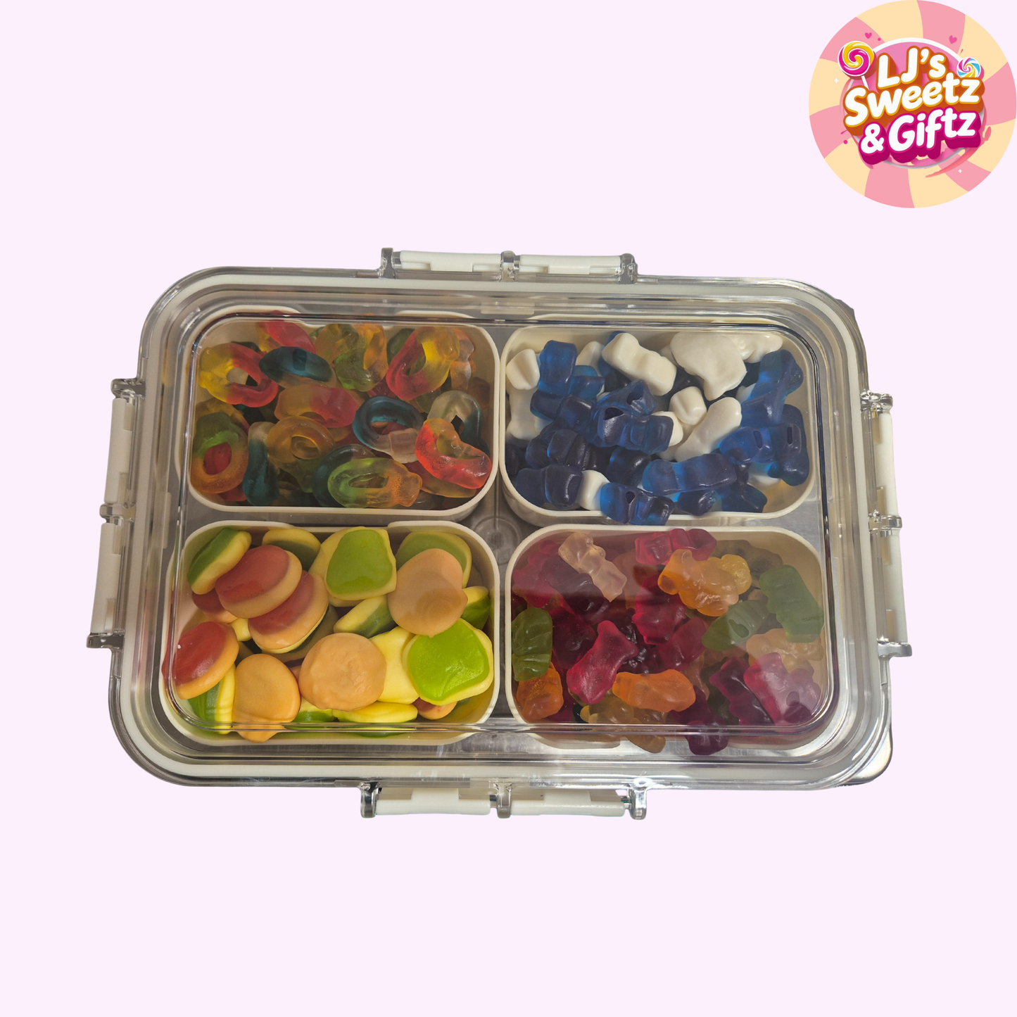 Clear compartmentalized container with colorful gummy bears on a white background, branded 'LJ's Sweetz & Giftz'.
