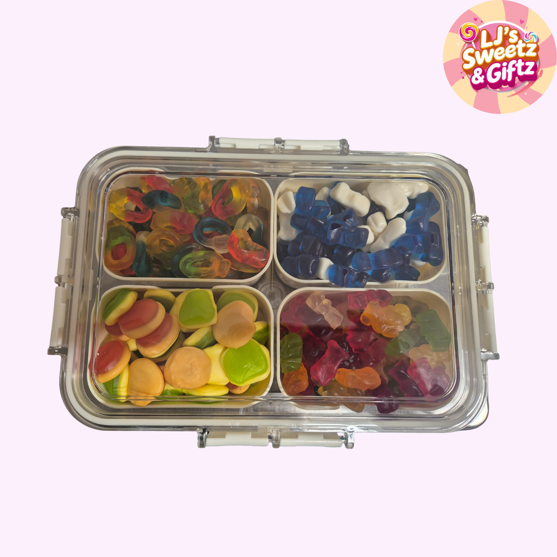 Clear compartmentalized container with colorful gummy bears on a white background, branded 'LJ's Sweetz & Giftz'.