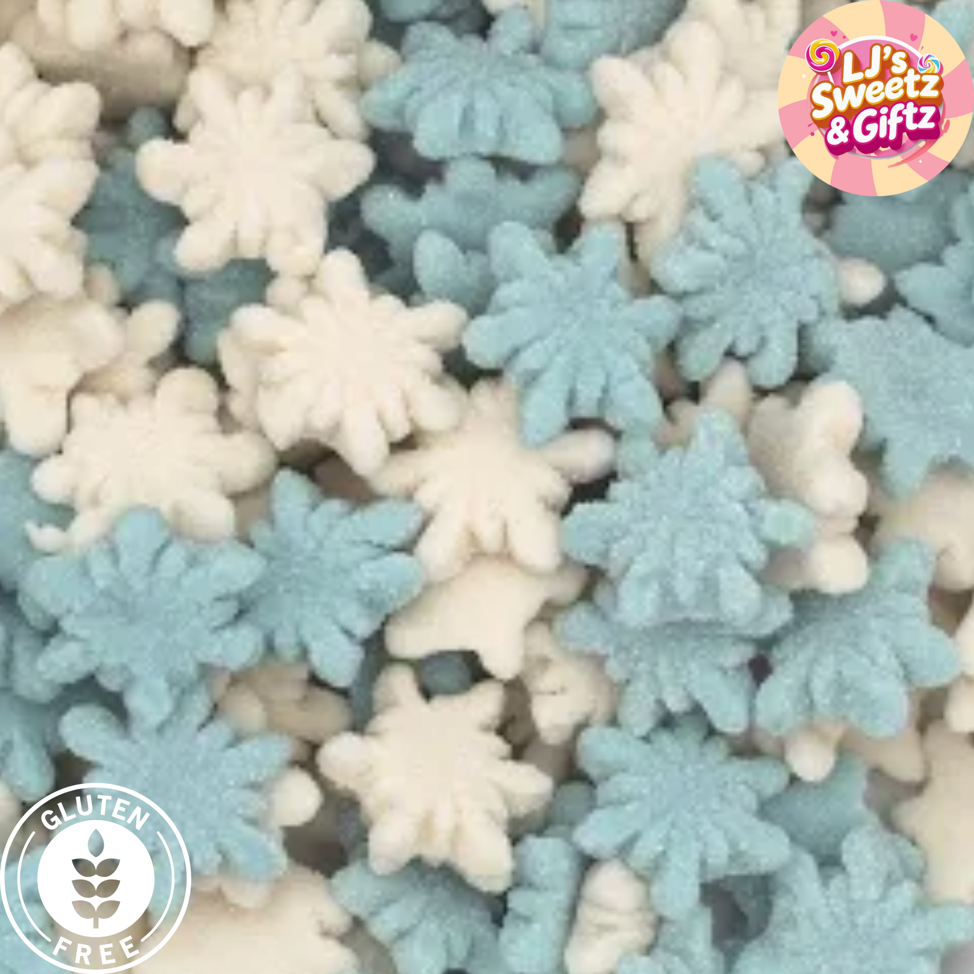 Blue and white snowflake-shaped candies with a brand logo in the corner.