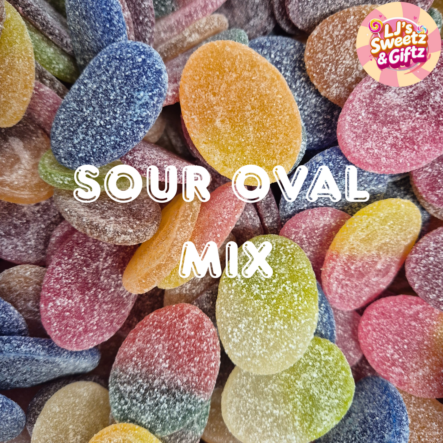 Colorful sour oval mix candies with 'LJ's Sweetz & Giftz' logo.