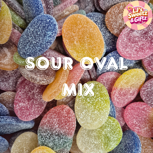 Colorful sour oval mix candies with 'LJ's Sweetz & Giftz' logo.