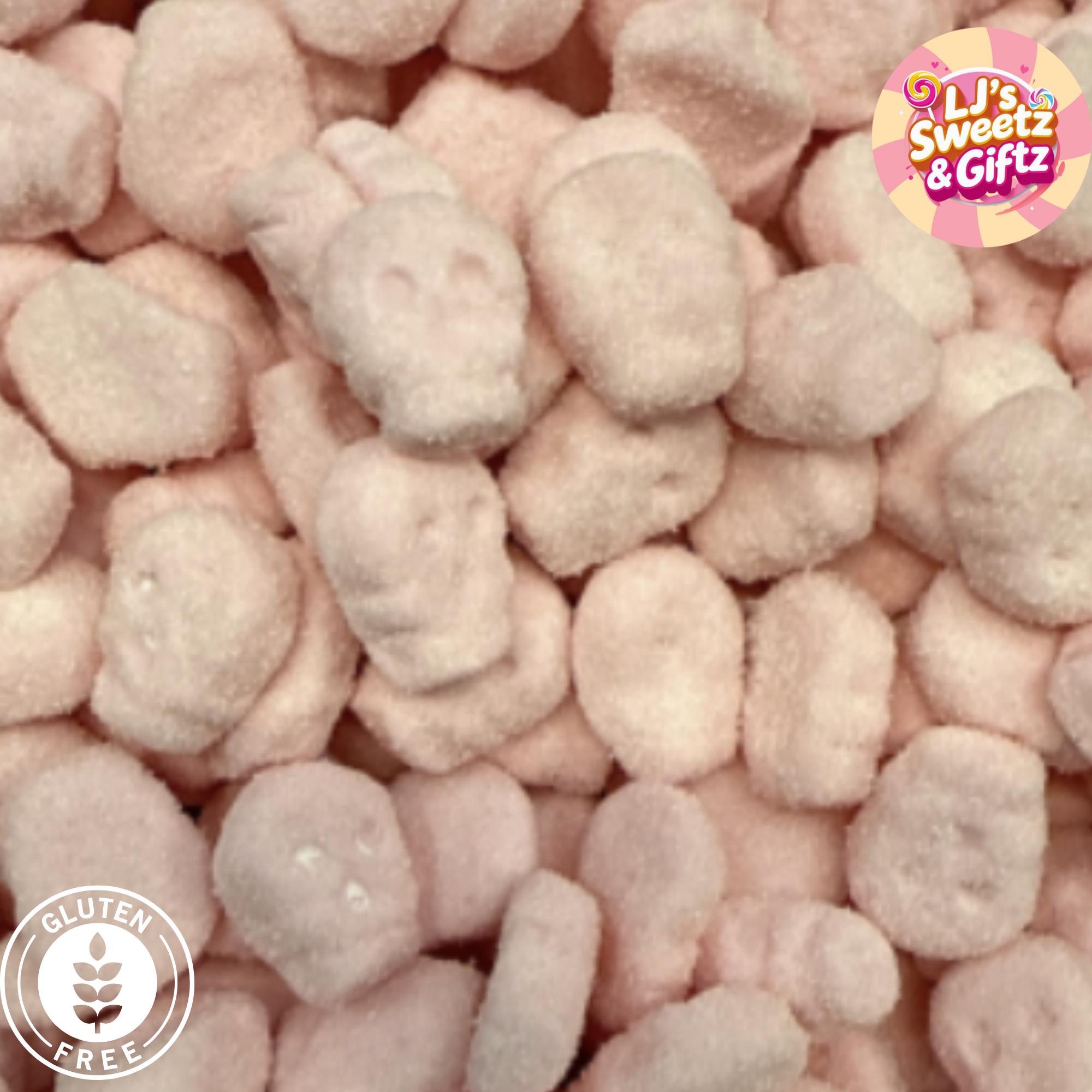 Close-up of pink textured candies with 'LJ's Sweetz & Gitz' logo and gluten-free label.