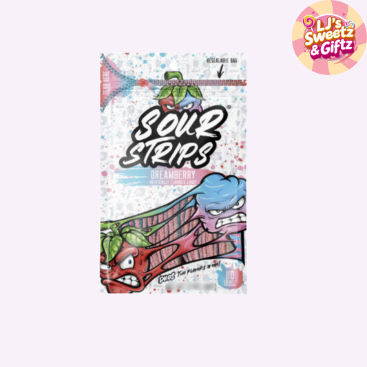 Pack of Sour Strips with colorful design on a white background, featuring the brand 'LJ's Sweetz & Giftz'.