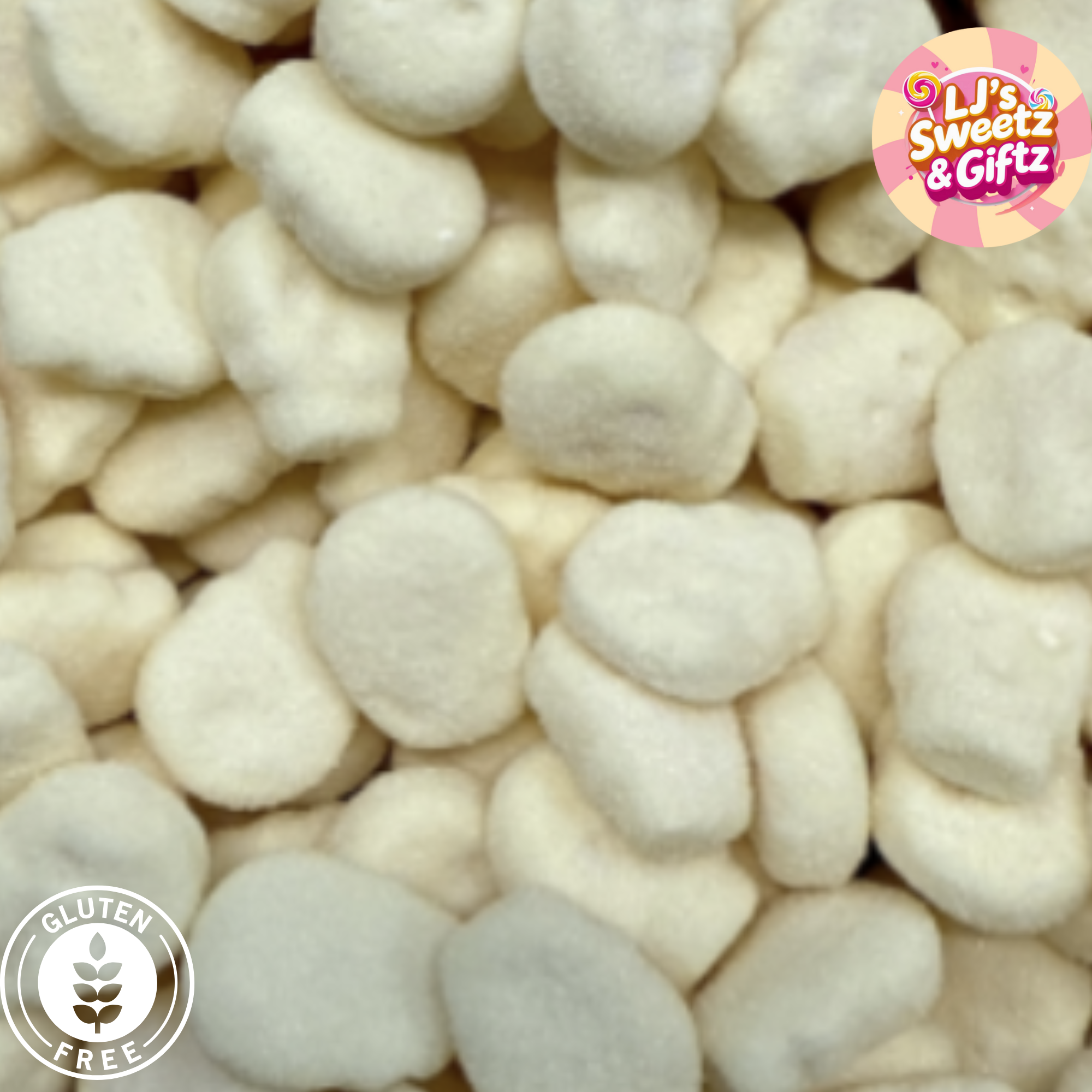 Close-up of white candy pieces with 'LJ's Sweetz & Giftz' logo and gluten-free label.