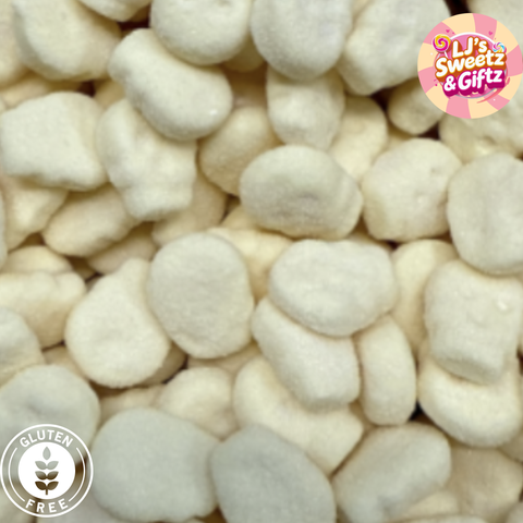 Close-up of white candy pieces with 'LJ's Sweetz & Giftz' logo and gluten-free label.