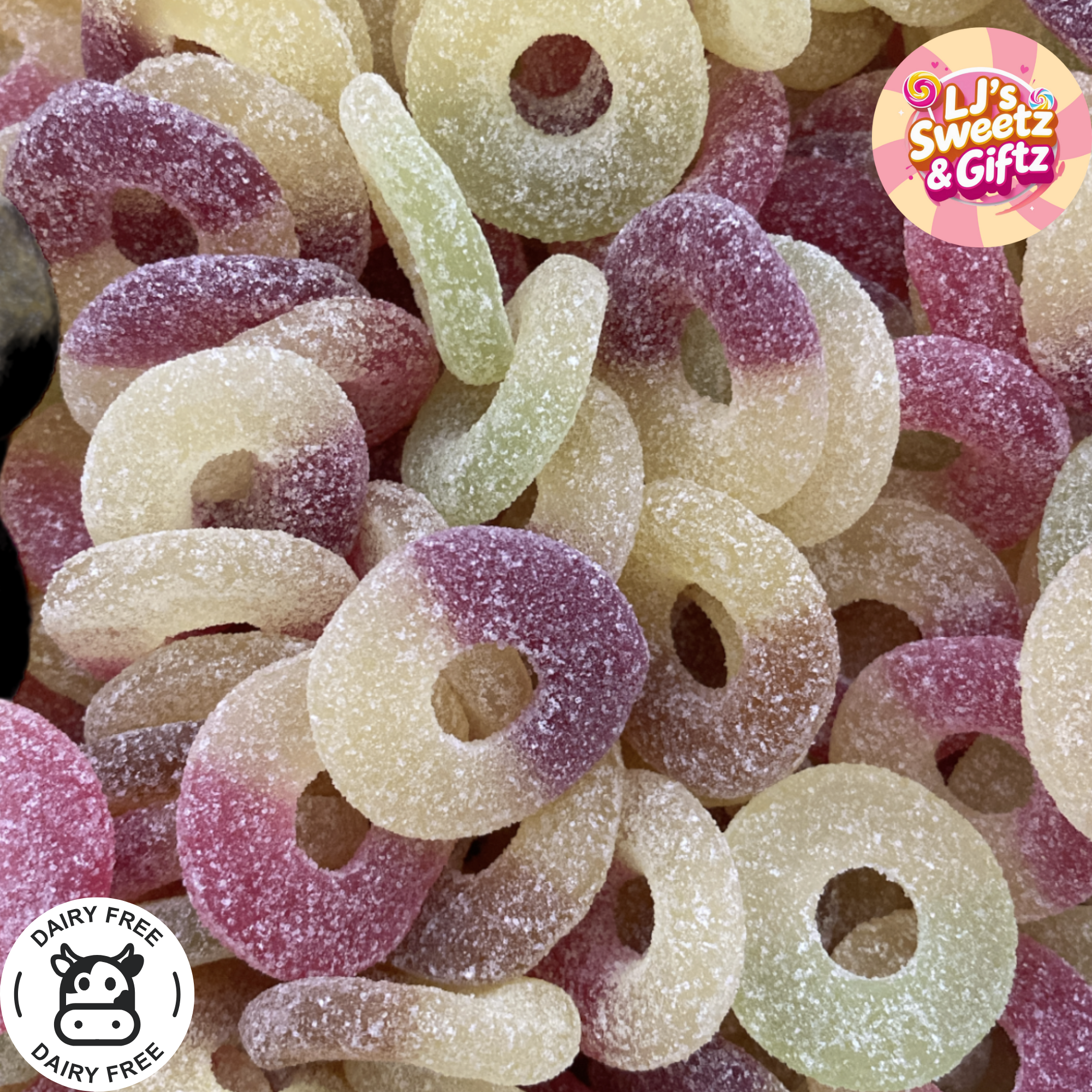 Assorted gummy candies including rings and worms with 'LJ's Sweetz & Gitz' branding.