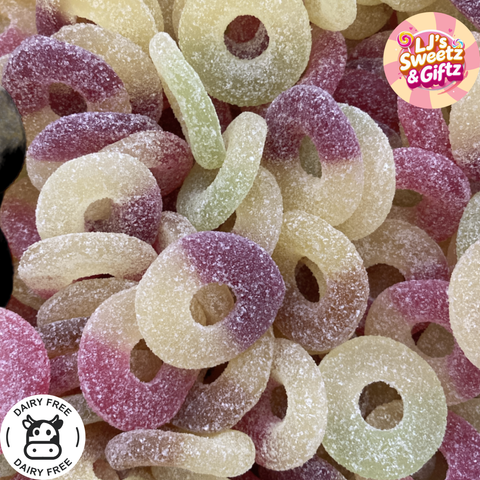 Assorted gummy candies including rings and worms with 'LJ's Sweetz & Gitz' branding.