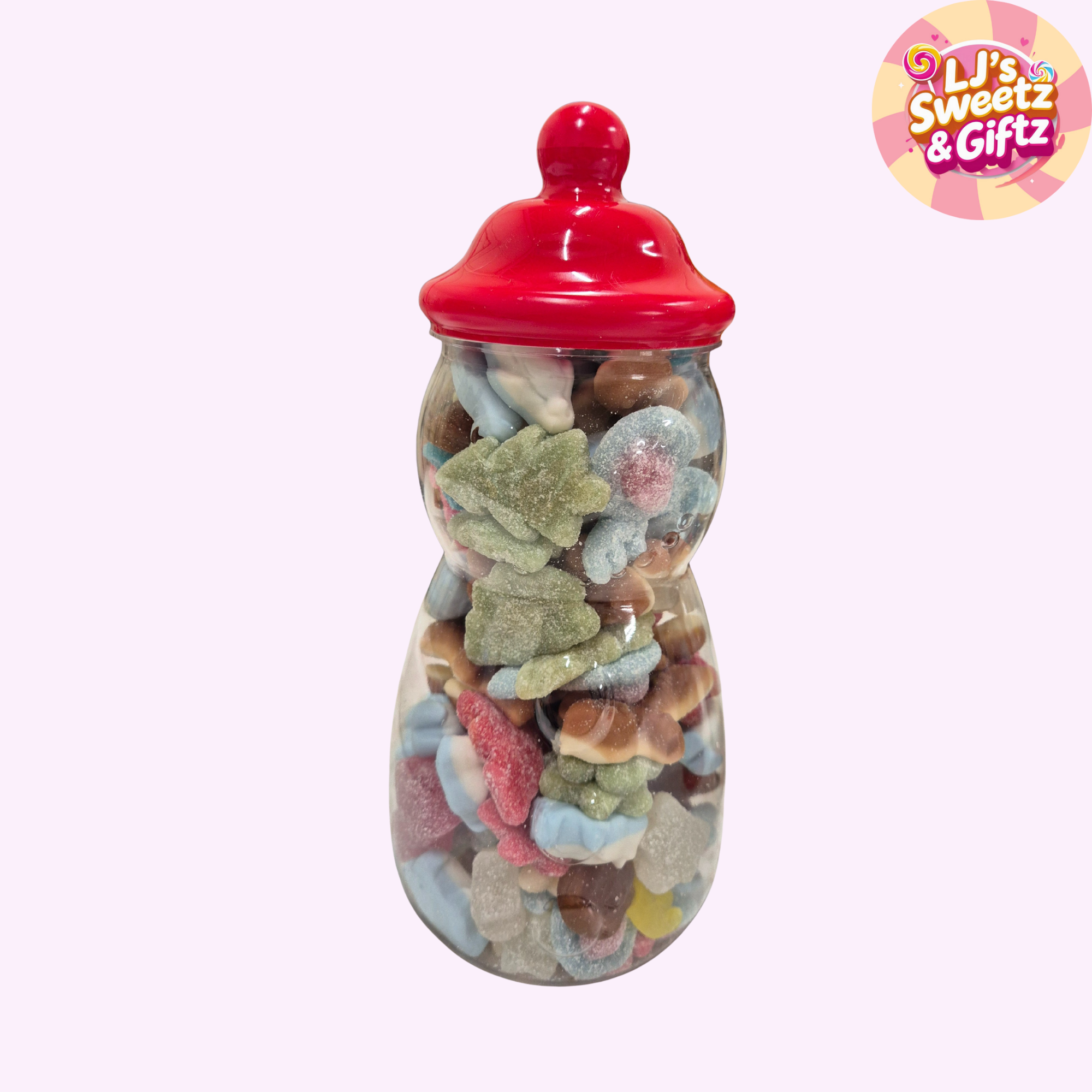  Snowman Jar of multi-coloured gummy candies with a red lid on a white background, featuring the brand 'LJ's Sweetz & Giftz'.