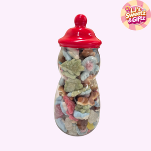  Snowman Jar of multi-coloured gummy candies with a red lid on a white background, featuring the brand 'LJ's Sweetz & Giftz'.
