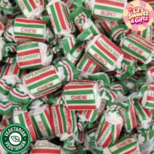 Spearmint chewy candies with green and red striped wrappers, branded 'LJ's Sweetz & Giftz'.