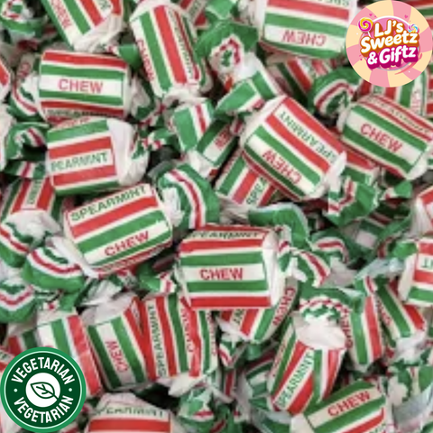 Spearmint chewy candies with green and red striped wrappers, branded 'LJ's Sweetz & Giftz'.