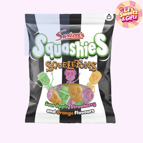 Packaging of Swizzles Squashies Skeletons gummy sweets with colorful gummies on a white background.