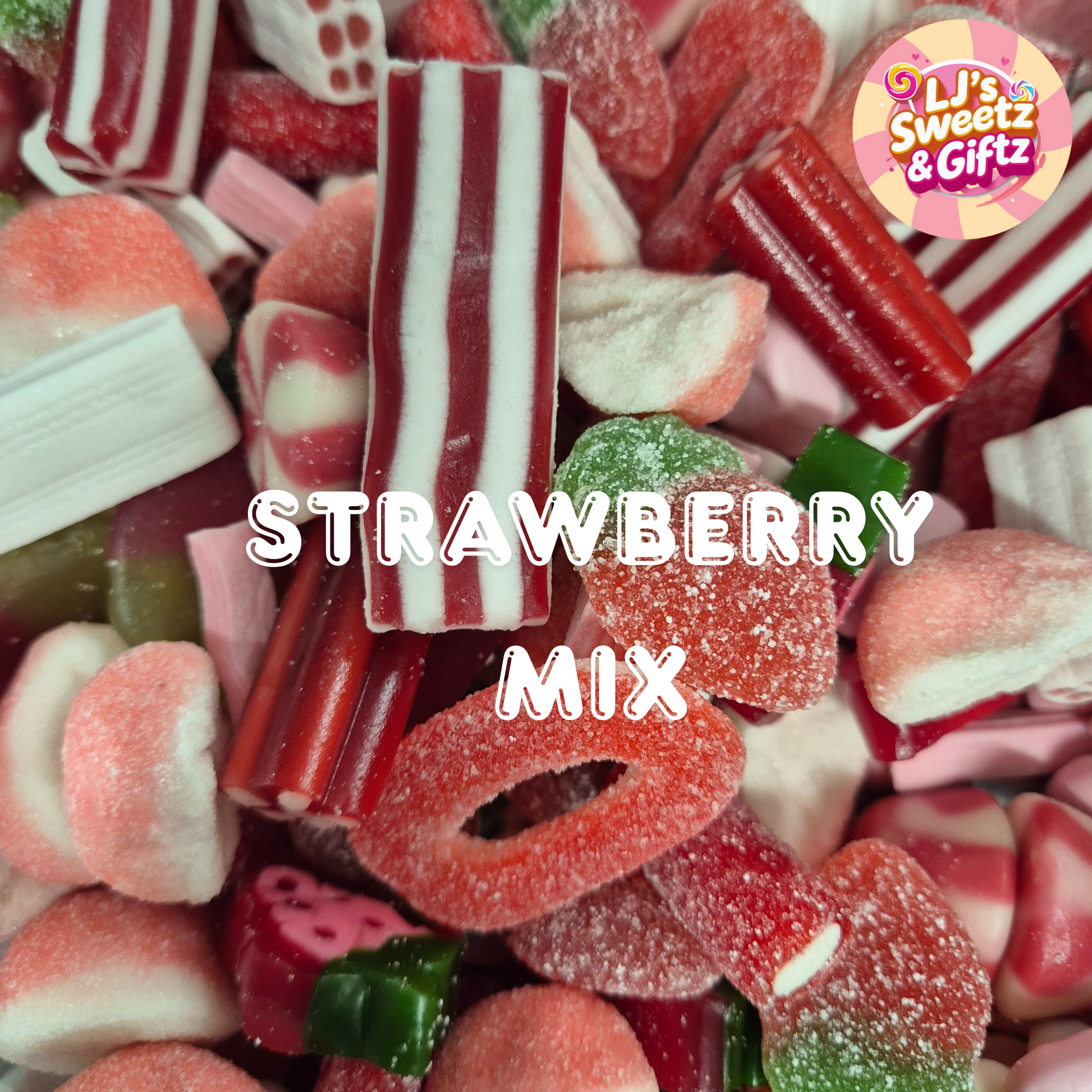 Assorted strawberry-flavored gummy candies with 'LJ's Sweetz & Giftz' branding.