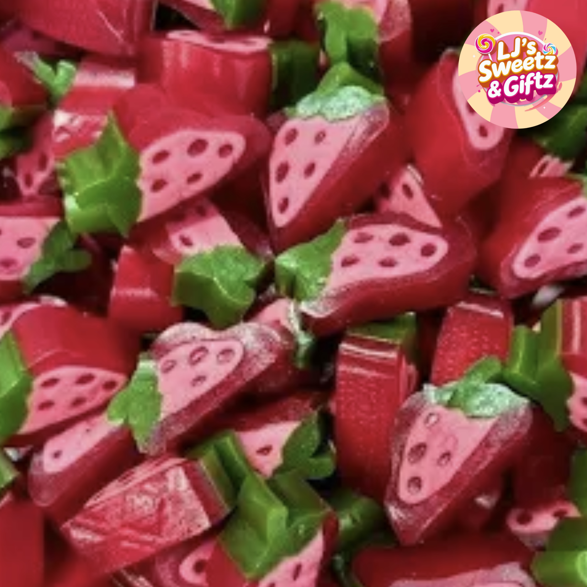 Strawberry-shaped gummy candies with green leaves, branded 'LJ's Sweetz & Giftz'.