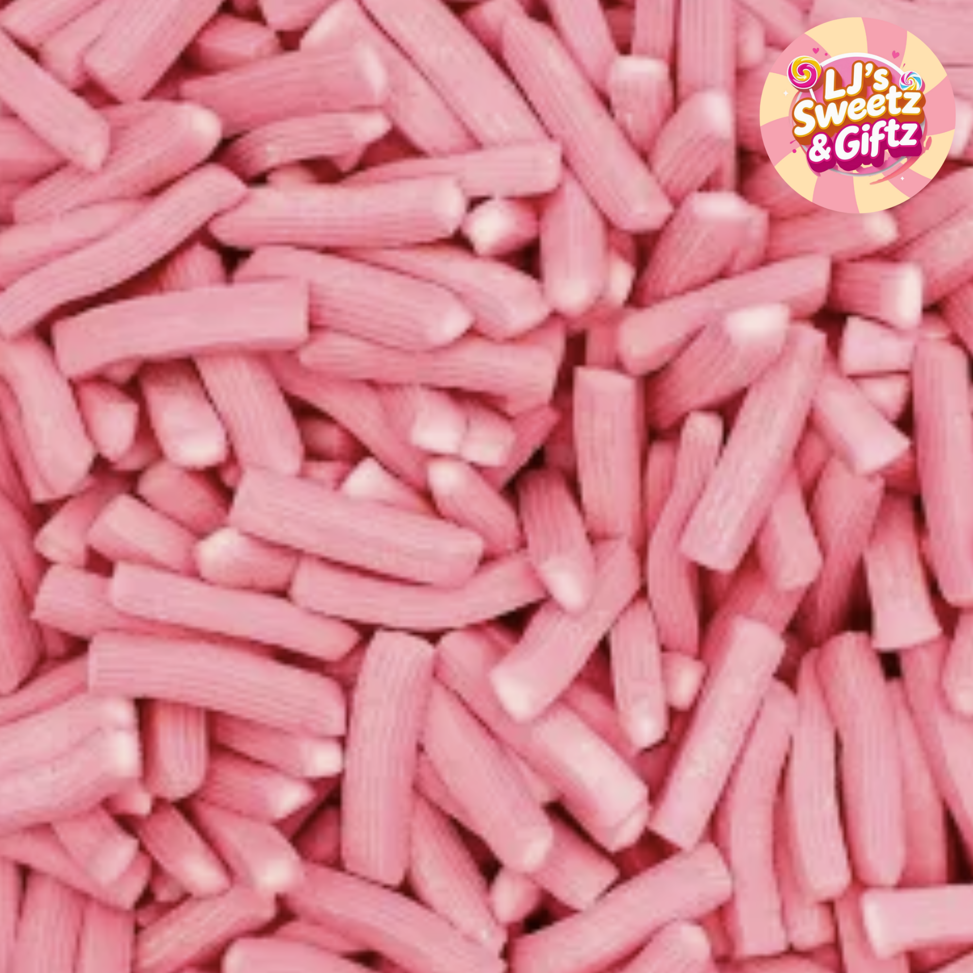 Pink candy sticks with 'LJ's Sweetz & Giftz' logo in the corner.