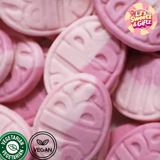 Pink candy with 'LJ's Sweetz & Giftz' branding, vegetarian and vegan icons.