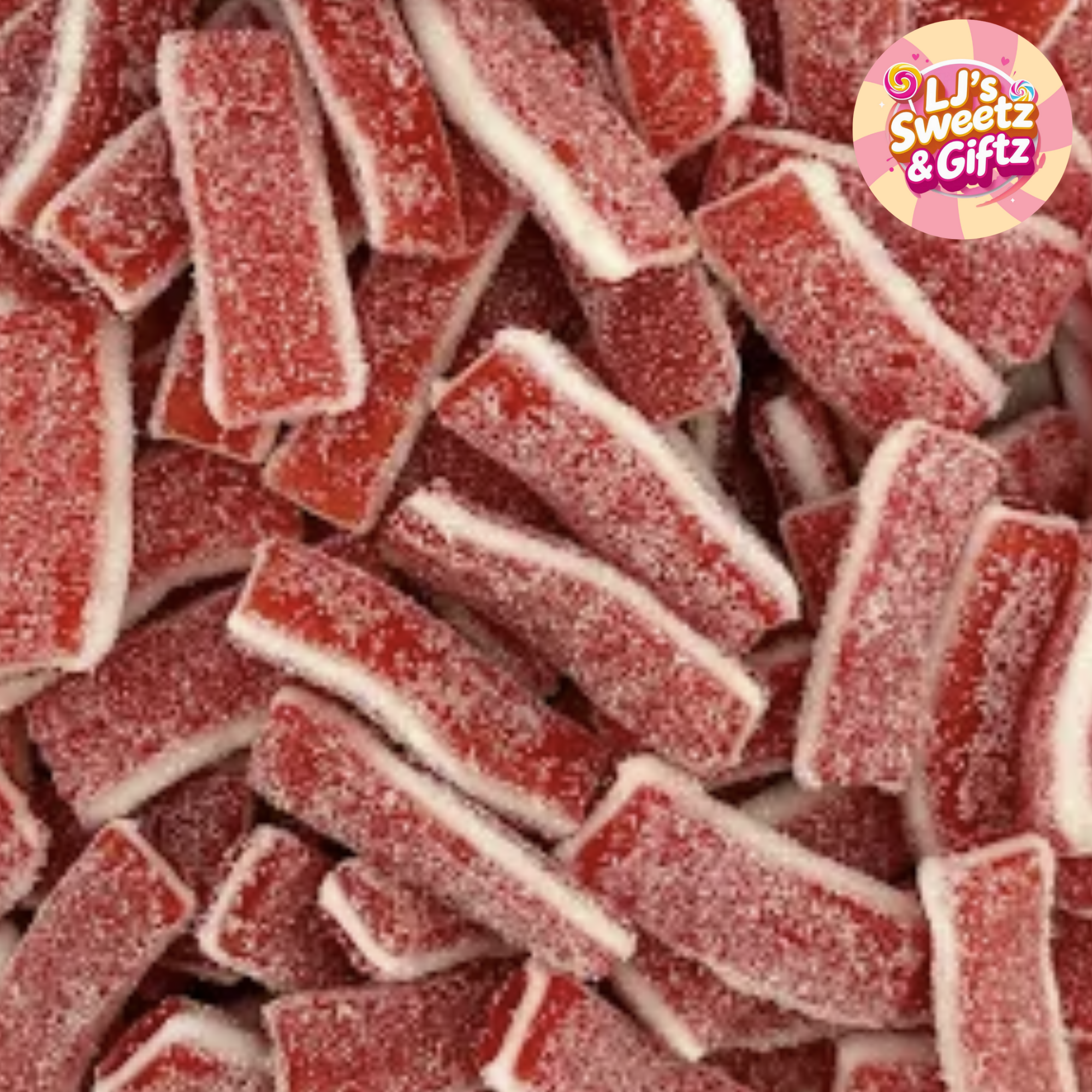 Red jelly candy sticks with white centers on a white background, branded 'LJ's Sweetz & Gifz'.