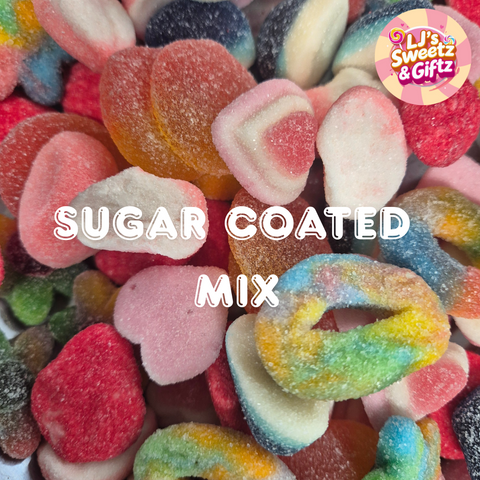 Assorted sugar-coated gummy candies with 'LJ's Sweetz & Giftz' branding.