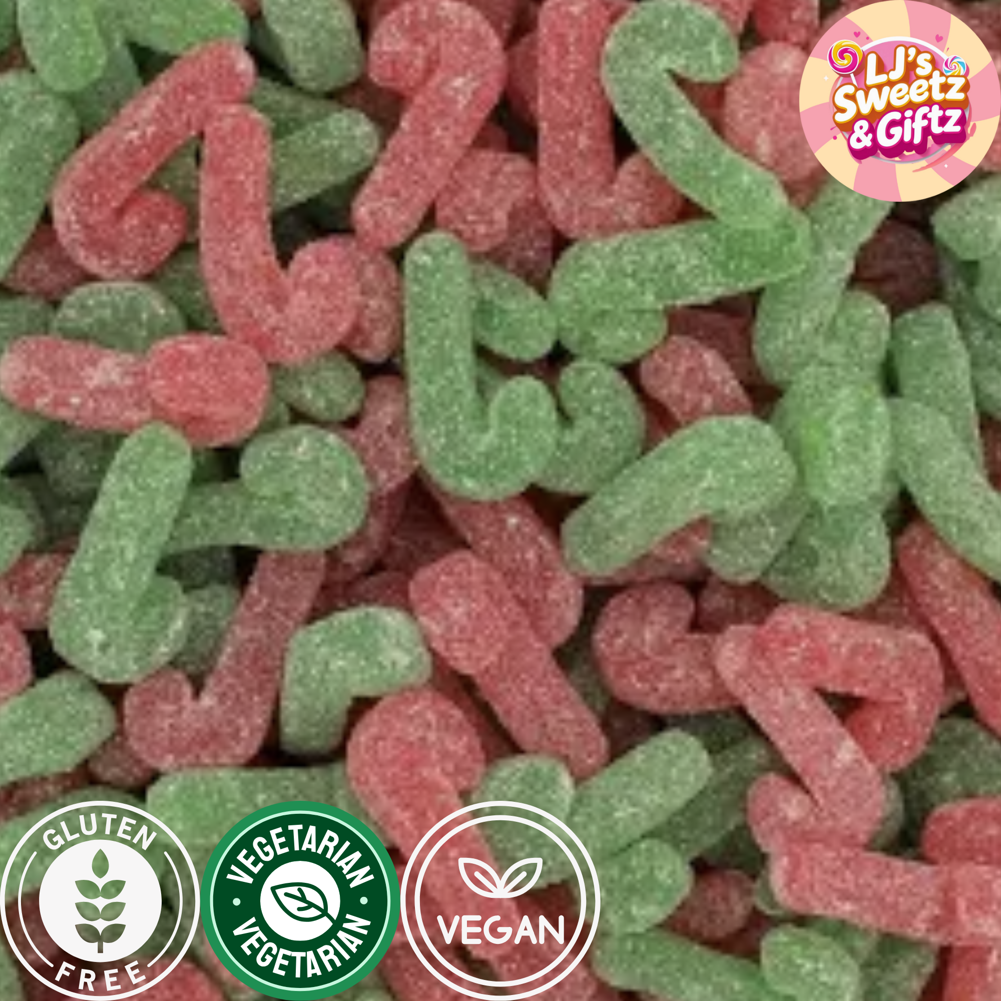 Red and green gummy candy canes with 'LJ's Sweetz & Gifzz' branding, gluten-free, vegetarian, and vegan labels.