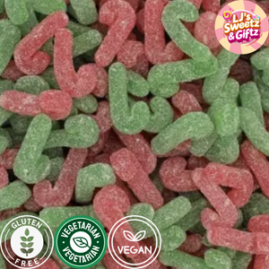 Red and green gummy candy canes with 'LJ's Sweetz & Gifzz' branding, gluten-free, vegetarian, and vegan labels.