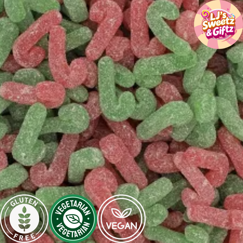 Red and green gummy candy canes with 'LJ's Sweetz & Gifzz' branding, gluten-free, vegetarian, and vegan labels.
