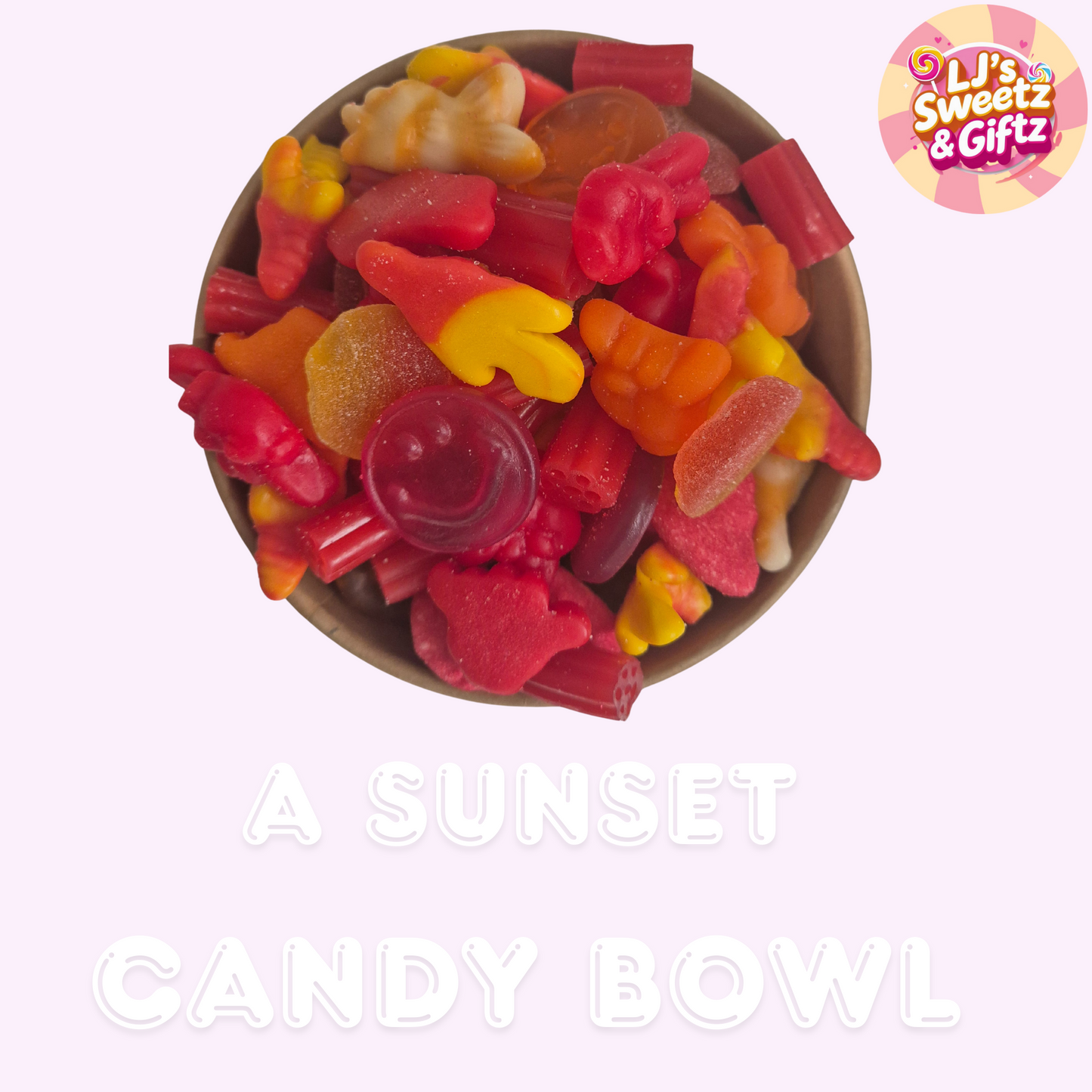 Candy bowl with colorful gummy bears on a white background, featuring 'LJ's Sweetz & Giftz' logo.
