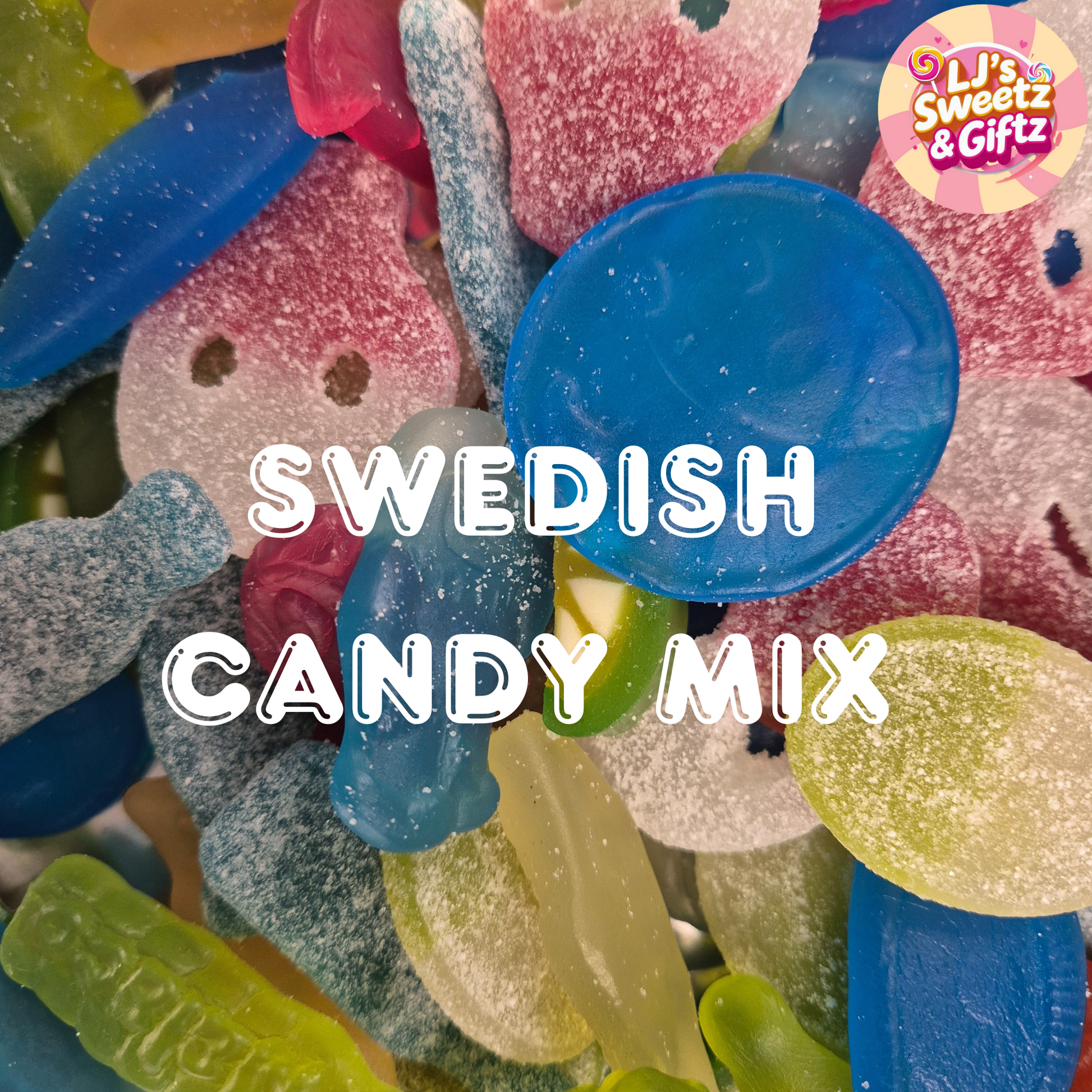 Colorful Swedish candy mix with text overlay on a colorful background