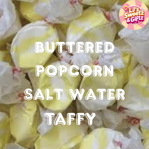 Buttered popcorn salt water taffy with LJ's Sweetz & Giftz logo.
