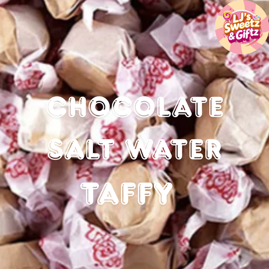 Close-up of chocolate salt water taffy with visible brand logo in the corner.