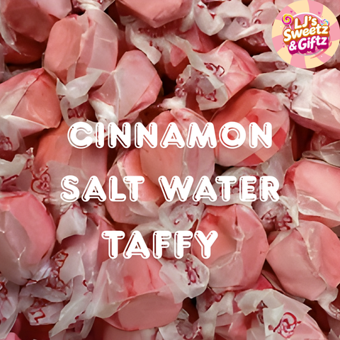 Cinnamon salt water taffy with pink and white wrappers, branded 'LJ's Sweetz & Giftz'.