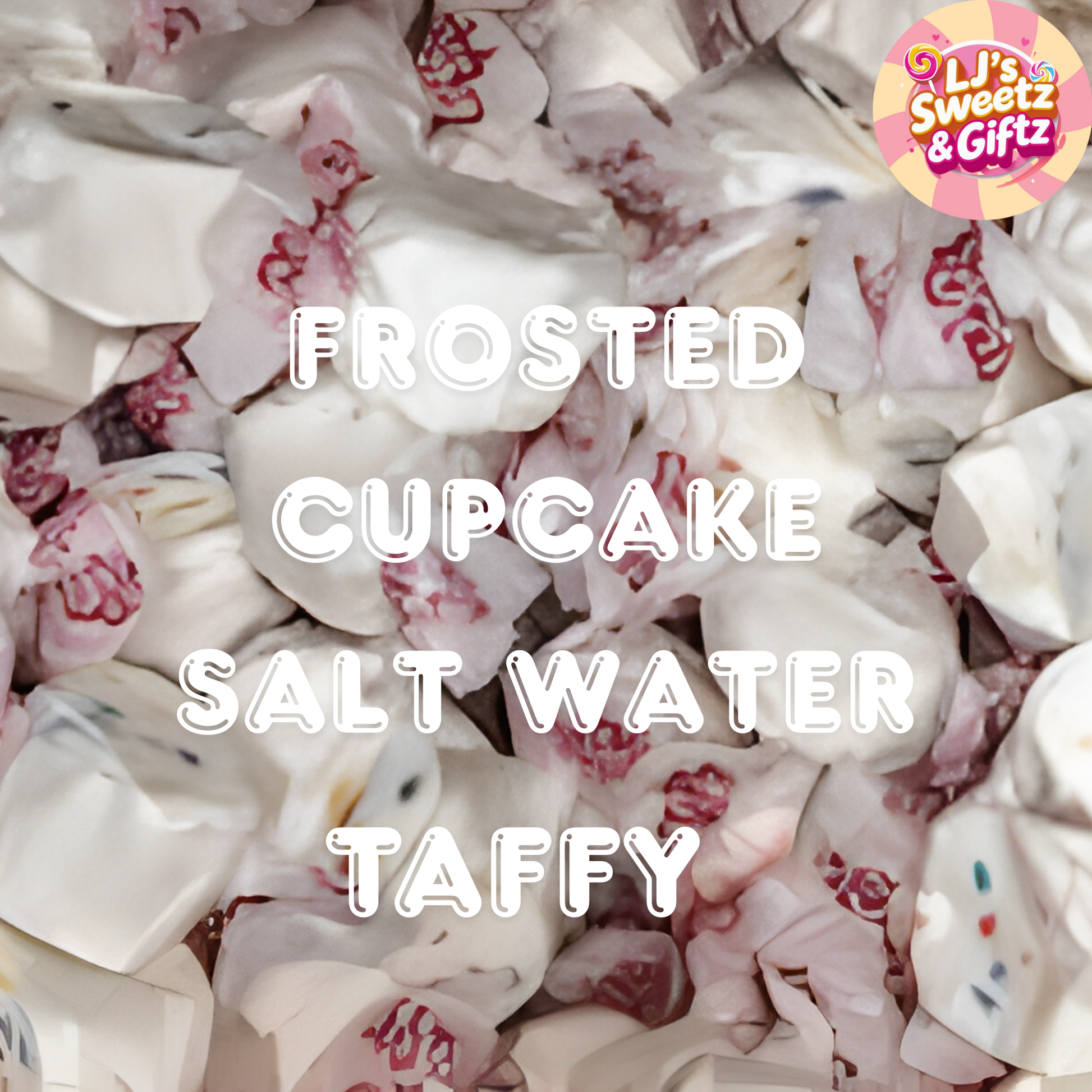 Frosted cupcake salt water taffy with visible branding on a white background