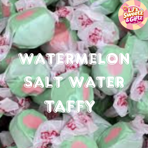 Watermelon salt water taffy with pink swirls, shown in close-up with LJ's Sweetz & Giftz branding.